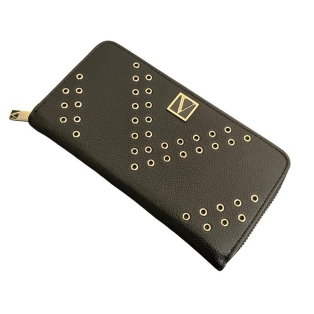 Victoria's Secret Black Pebbled Faux Leather Studded Eyelet Zip Around Wallet